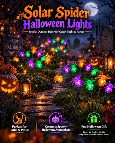 LORRYTE 8Pack 48LED Spider Solar Halloween Lights Outdoor for Garden
