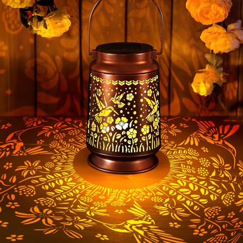 Solar Lantern Outdoor Hanging — Metal Hummingbird Solar Lights with Floral Projection, IP65 Waterproof, Auto On/Off, 8–12H Illumination, Garden Décor Gift for Mom Grandma Women Patio