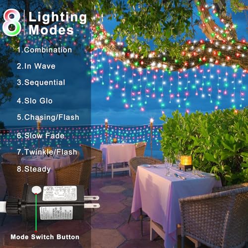 33ft Red White and Green Christmas Lights, 400 LED Icicle Lights for Outside, Clear Wire Connectable Twinkle Light with 8 Modes Timer Waterproof for House Window Party Tree Holiday Patio Yard Home