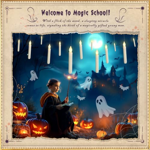 Homemory Hanging Floating Candles with Wand Remote and String, Flying Flameless LED Taper Candles Warm White Light, Battery Operated Window Candles with Wand for Halloween Christmas Party, 20 Pcs