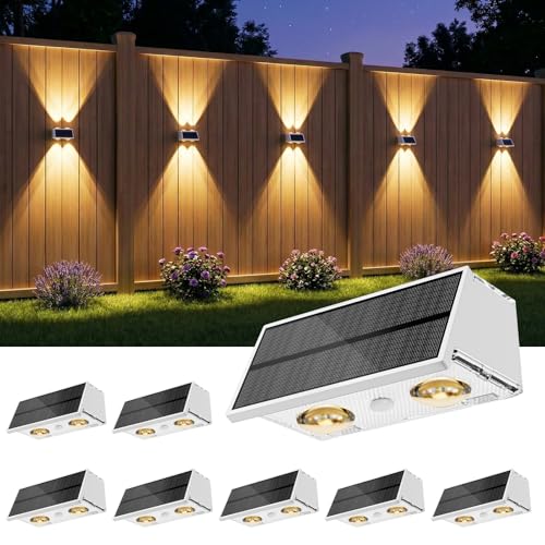 Bridika Solar Fence Lights, 8 Pack Up and Down Solar Lights Outdoor Waterproof, 8 Colors Lens LED Dusk to Dawn Wall Lights for Fence, Patio, Deck, Backyard, Garden White