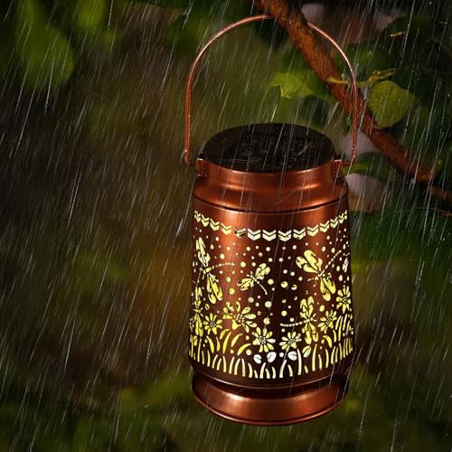 Solar Lantern Outdoor Hanging — Metal Dragonfly Solar Lights with Floral Projection, IP65 Waterproof, Auto On/Off, 8–12H Illumination, Garden Décor Gift for Mom Grandma Women