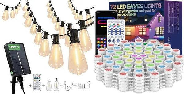 100FT Solar Powered Outdoor Lights with Remote and 111ft Outdoor RGB Eaves Lights | Lumora