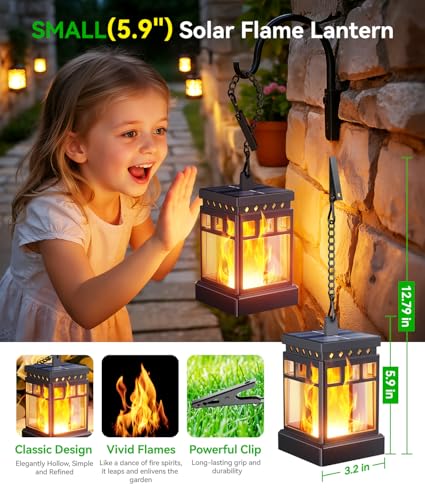 KOOPER Hanging Solar Lanterns Outdoor Waterproof, 4PCS Flickering Flame Hanging Solar Lights for Outside, Outdoor Solar Lanterns up to 12 Hours, Halloween Lanterns Decorative for Patio Yard Garden