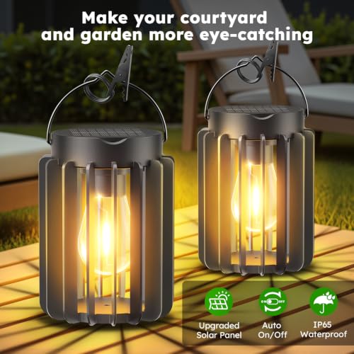 2 Pack Solar Lanterns Outdoor Waterproof, Retro Hanging Lantern, Black