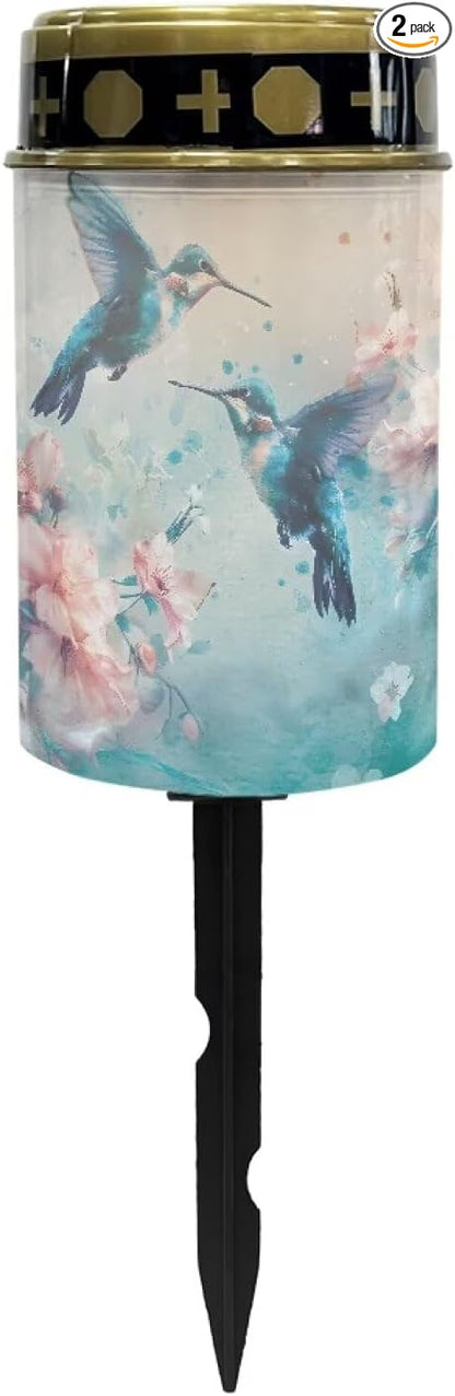 ZOUTAIRONG Solar Glass Light Garden Stake Light, Cemetery Decorations for Grave Outdoor Lights, Blue Hummingbird Floral Garden Lawn Yard Patio Decor-2 Pack