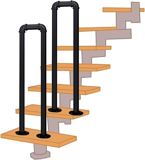 Hand Rails for Indoor Outdoor Steps 1 2 3 4 5 6 8 10 Steps, Black Industrial Pipe Staircase Handrails In Ground for | Lumora