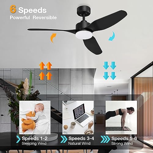 48" Smart Ceiling Fans with Lights Remote,Outdoor Indoor,Black,Easy Install