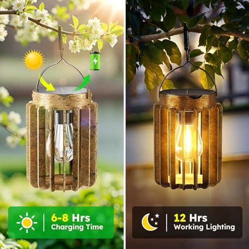 4 Pack Solar Lanterns Outdoor Waterproof, Retro Hanging Lantern, Bronze