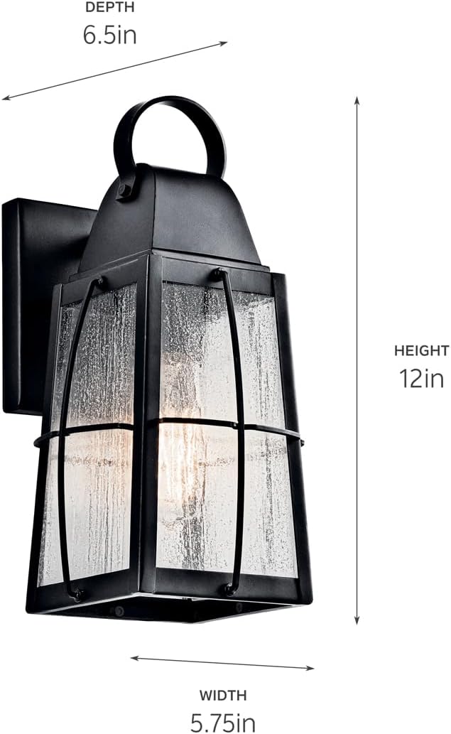 Kichler Tolerand 12" Outdoor Wall Light in Textured Black, 1-Light Exterior Wall Sconce Porch Light with Clear Seeded Glass, (12" H x 5.75" W), 49552BKT