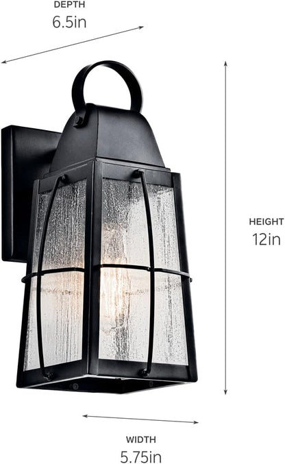 Kichler Tolerand 12" Outdoor Wall Light in Textured Black, 1-Light Exterior Wall Sconce Porch Light with Clear Seeded Glass, (12" H x 5.75" W), 49552BKT