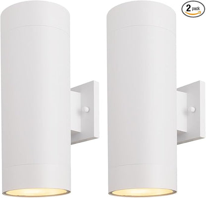 mirrea 14" Modern Outdoor Porch Light Patio Light in 2 Lights with Aluminum Cylinder and Tempered Glass Cover Waterproof Wall Sconce 2 Pack (Matte White)