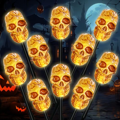 BRIGHTDECK Halloween Solar Pathway Lights Outdoor, LED Decor, Light Up Solar Stake Lights for Holiday, Halloween, Walkway, Sidewalk (Skull, 10-Pack)