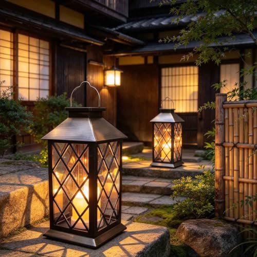 Solar Outdoor Lantern, Garden Hanging Waterproof Lanterns, 3 LED Flickering Flameless Candle, PVC, for Garden Decor Gifts (2 Pack)