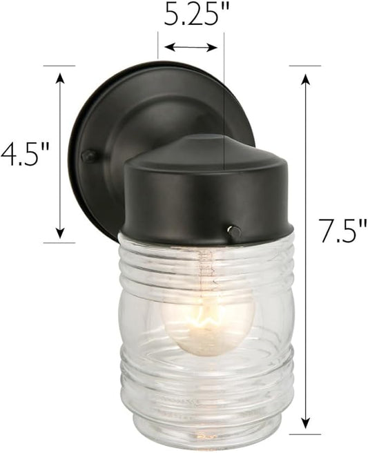 Design House Jelly Jar Wall Light, Indoor/Outdoor, Clear Ribbed Glass, Dimmable, Matte Black, Wall Mount Sconce Fixture, 4.5 in W x 7.5 in H x 5.25 in D, 502195