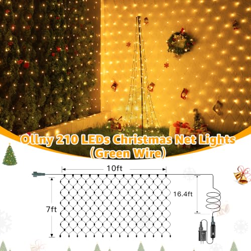 Ollny Net Lights 210LED 10x7ft, Green Wire Christmas Outdoor Mesh Light