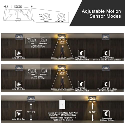 Tarentlight Adjustable Outdoor Motion Sensor Ceiling Light,10" Modern Industrial Design of Squares Flush Mount 2-Light with Clear Glass for Your Porch,Garage,Patio,Hallway,Entryway