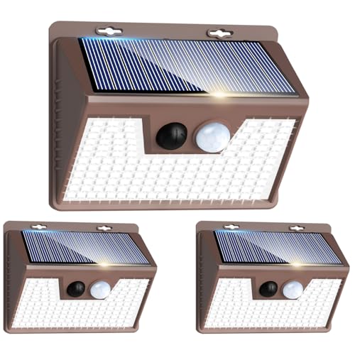 Solar Lights Outdoor Motion Sensor [3 Pack/140LED/Brown], Ultra-Bright 3 Mode Fence Security Light Waterproof, Solar Wall Lighting for Patio Yard Step House Outside