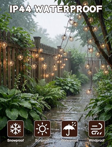 Oviejo 8.5FT LED Patio String Lights, Waterproof Outdoor Lantern String Lights with 12 Bulbs, Beaded Copper Wire Ball Style, Connectable Yard Garden Bistro Party Lights, Warm White
