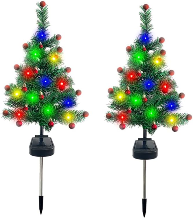 Solar Christmas Tree Garden Stake Lights, 2Pcs Outdoor LEDs Solar Powered Xmas Pathway Lights, Christmas Decorations Tree Lights for Porch Pathway Yard Decor, Medium, Type 1, USAEUBU4391