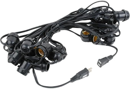 Novelty Lights 37.5 Feet Heavy Duty Light String with 25 in-Line E26 Sockets, Black Wire PVC Commercial Grade Stringer, 18" Spacing, End-to-End Connectable, No Bulbs