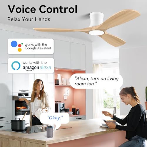 52” Wood Smart Flush Mount Ceiling Fans with Lights Remote,Low Profile