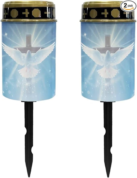 Poceacles Cross Outdoor Solar Lights Waterproof Outdoor Grave Stake Lights Solar Powered Solar Lantern Light Solar Decoration Cemetery Lights for Outdoor Decor, Dove of Peace Cross Blue, Pack of 2