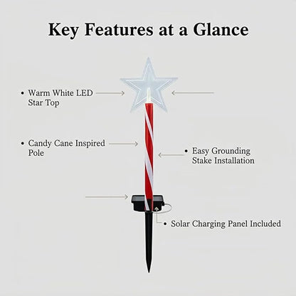 Solar Christmas Pathway Lights - 5 Designs (Star, Snowflake, Santa, Bell), Auto On/Off, Waterproof Warm White LED Color Stake Lights for Garden Yard Holiday Party Décor (Star)