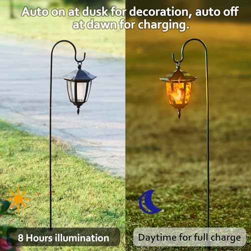 6 Pack Solar Flame Hanging Lights Outdoor, Halloween Solar Flickering Flame LED Garden Lanterns with 6 x 38 Inch Shepherd Hooks, Christmas Lighting for Lawn Patio Yard Pathway Driveway