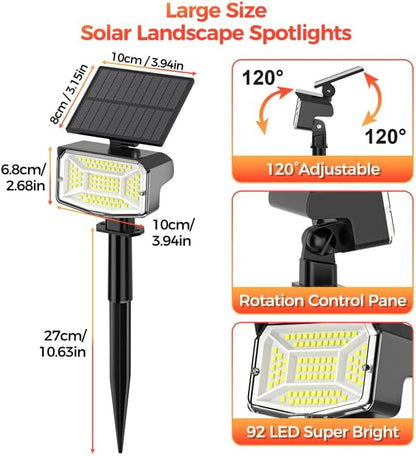Large Solar Spot Lights Outdoor 6 Pack, 1000 Lumens High Brightness, IP67 Waterproof Solar Spotlight with 92 LEDs, Dusk to Dawn Solar Landscape Lights for Yard, Garden, Plants (Cool White)