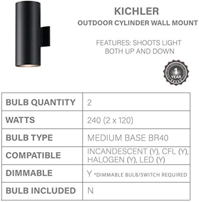 Kichler Cylinders 15" 2-Light Outdoor Cylinder Wall Sconce in Black, (15" H x 5.75" W), 9246BK | Lumora