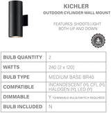 Kichler Cylinders 15" 2-Light Outdoor Cylinder Wall Sconce in Black, (15" H x 5.75" W), 9246BK | Lumora