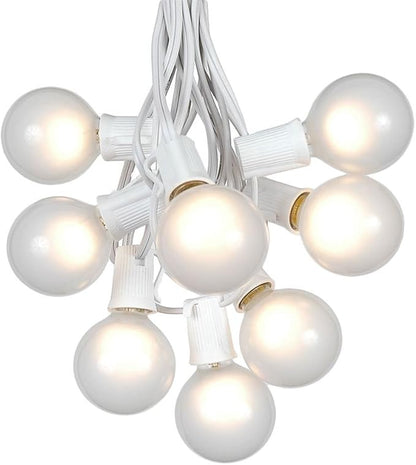 G50 Patio String Lights with 125 Frosted White Globe Bulbs – Wedding Outdoor String Lights – Market Bistro Café Hanging String Lights – Patio Garden Globe Lights - White Wire - 100 Feet