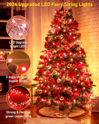 KNONEW 203FT 600LED Green Wire Outdoor Fairy Lights Plug in Red Xmas Decor