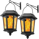 Solar Lanterns Outdoor Waterproof, Hanging Solar Lights with Glass Shade - 2 Pack LED Metal Wall Mount Outdoor Light for Yard/Garden/Patio - Flame