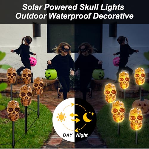 BRIGHTDECK Halloween Solar Pathway Lights Outdoor, LED Decor, Light Up Solar Stake Lights for Holiday, Halloween, Walkway, Sidewalk (Skull, 10-Pack)