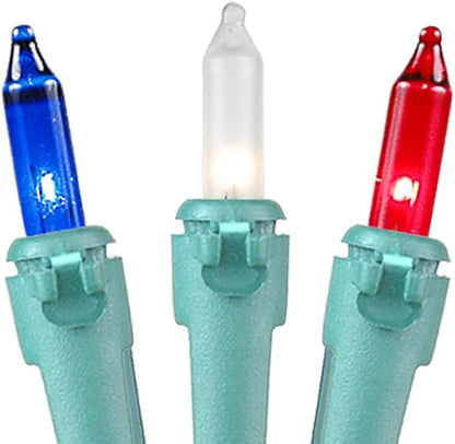 Novelty Lights 50 Feet 100 Bulbs Traditional Incandescent Mini Lights, Red/White/Blue on Green Wire with 6" Spacing, Commercial Grade and UL Listed for Indoor/Outdoor Use, End-to-End Connectable