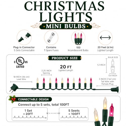 TW SHINE Christmas Mini String Lights, 20FT 100 Count Incandescent Mini Christmas Tree Lights, Waterproof Xmas String Lights for Outdoor Indoor Home Party Yard Decorations, Warm White and Pink