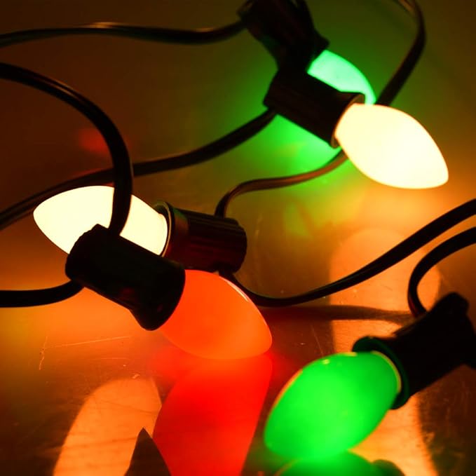 GOOTHY 25Ft Christmas Lights Outdoor, C7 Vintage Christmas Lights with 27 Red White and Green Ceramic Bulbs, Hanging Outdoor Decorations Light Waterproof for Holidays Patio Garden Party Roofline