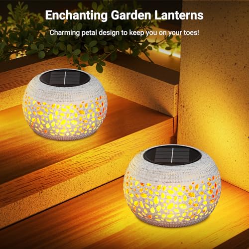 Solar Lanterns Outdoor Waterproof Table Lights: Upgraded Solar Flame Lantern, 2 Lighting Modes White Lantern Flickering Light for Garden Yard Balcony Indoor Tabletop Decor, Gifts for Women