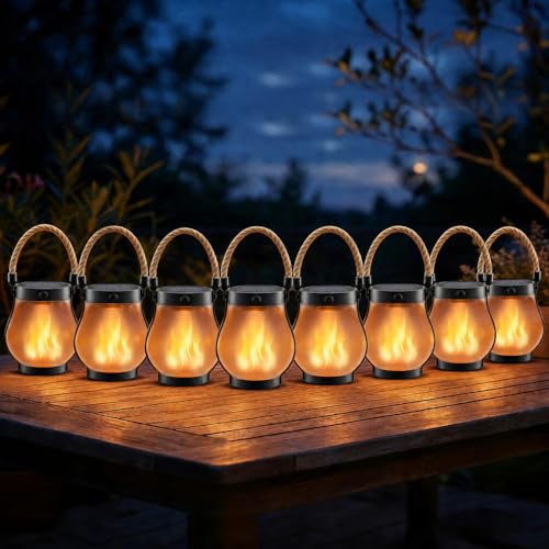 Solar Lanterns Outdoor Waterproof 8-Pack, 2nd Gen Flickering Flame Effect