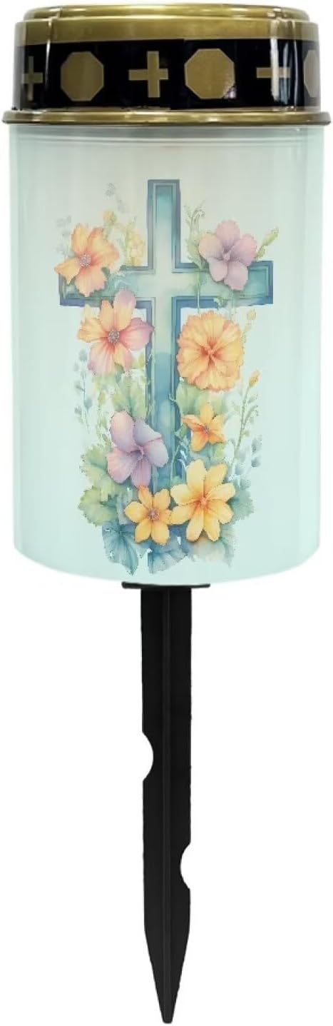 Waterproof Solar Lights Outdoor Solar Garden Light Cross Flower Print Landscape Path Light LED Solar Lights Outdoor for Yard Lawn Memorial Cemetery Solar Light for Grave