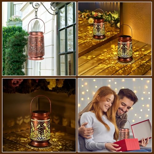 Solar Lantern Outdoor Hanging — Metal Dragonfly Solar Lights with Floral Projection, IP65 Waterproof, Auto On/Off, 8–12H Illumination, Garden Décor Gift for Mom Grandma Women