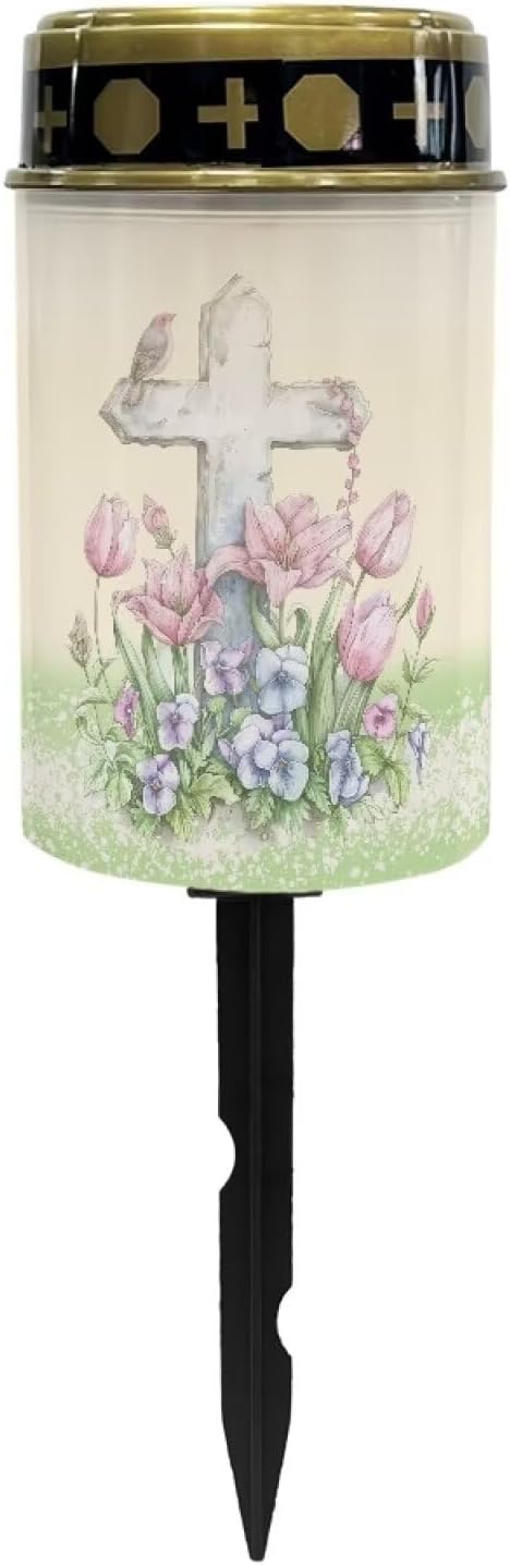 Cross Pink Lily Solar Garden Stake Lights, Yard Solar Lights Cemetery Decorations for Grave Outdoor Sympathy Memorial Gift for Grandma, for Garden Lawn Patio Pathway Decor