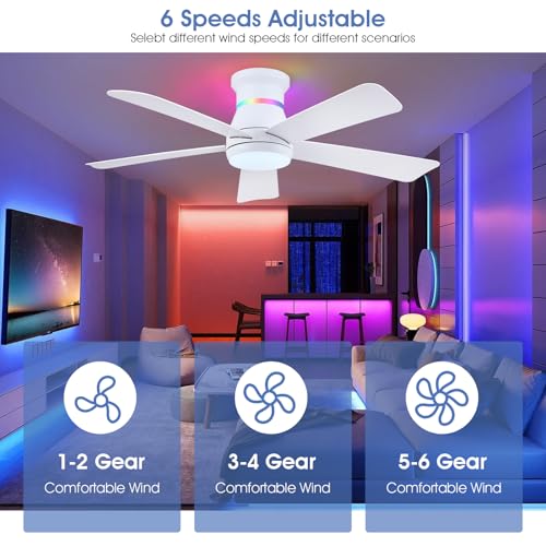 Surtime 46" White Ceiling Fans with RGB Lights - Flush Mount Ceiling Fan Light with LED 3CCT Dimmable, Modern Low Profile Ceiling Fans for Indoor Party,Covered Outdoor