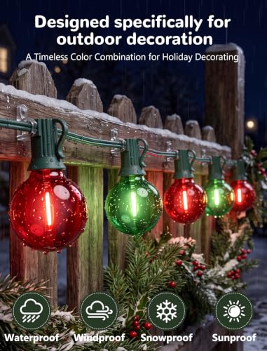 25Ft G40 LED Red Green Outdoor String Lights, 27 Shatterproof Globe Bulbs