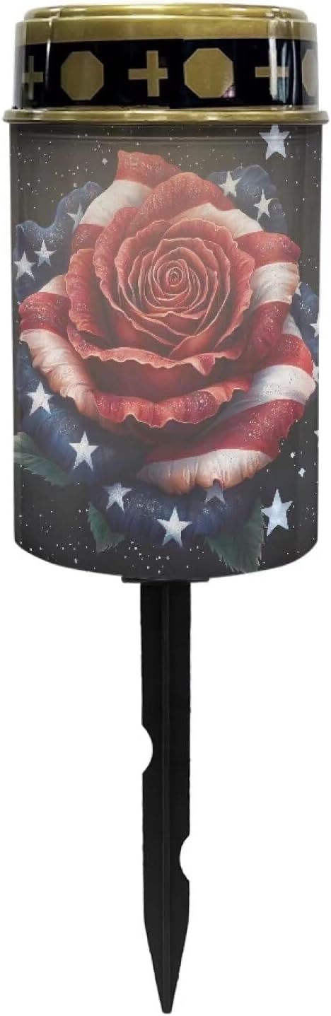 American Flag Rose Solar Powered Cemetery Memorial Light,Cemetery Decorations for Grave,Grave Markers for Cemetery Solar Cemetery Lamp,Solar Grave Light