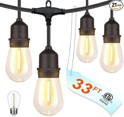 33FT Outdoor Waterproof String Lights with 11 Shatterproof Bulbs, IP65 Patio Lights for Garden Wedding Cafe - Tangle-Free Cables with Hooks (Warm White)
