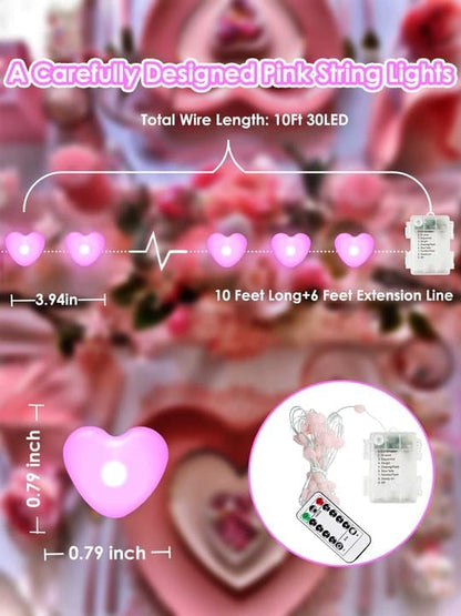 Valentines Heart Fairy Lights Battery Operated with Remote, 10FT 30 LED Pink Heart String Lights with 8 Modes & Timer, Twinkle Light for Outdoor Indoor Proposal Anniversary Wedding Valentines Decor