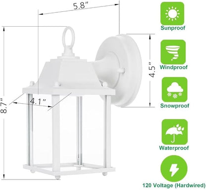 LIT-PaTH Outdoor LED Wall Lantern, Wall Sconce as Porch Light, 9.5W 800 Lumen, Aluminum Housing Plus Glass, 5000k-Matte White Finish, 2-Pack